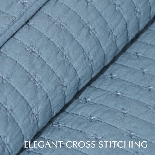 EVERGRACE x Kinsey Walsh Cross Stitch Pre-Washed Cotton Quilt Bedding Set Queen Size, Oversized 3 Pieces Lightweight Bedspread Coverlet for All Season, with 2 Matching Shams, Dusty Blue, 92"x96" EVERGRACEHOME