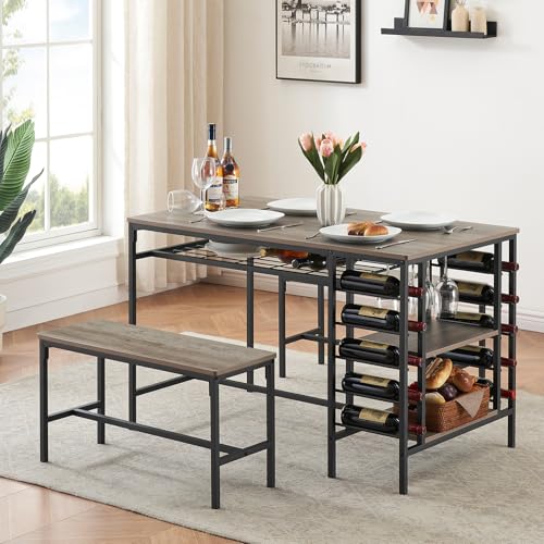 Garvee Dining Table Set for 4, Kitchen Table Set for 4 with 2 Benches, 3 Piece Dining Room Table Set for Small Space Apartment, Grey Garvee