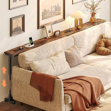 Huuger 78.7 Inch Behind Couch Table with Power Outlets, 23.9’’-34.4’’ Height Adjustable Range, Sofa Tables Narrow Long with USB-C Ports, Skinny Console Table, for Small Spaces, Rustic Brown Huuger