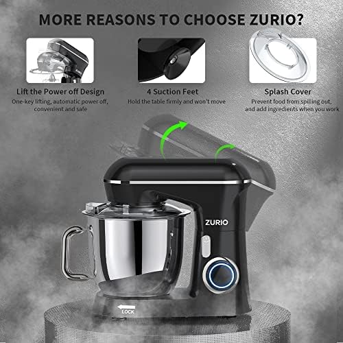 Stand Mixer, Zurio 6 Quarts Electric Mixer, 10-Speed Tilt-Head Food Mixer with Stainless Steel Bowl, Dishwasher-Safe Attachments for Home Baking