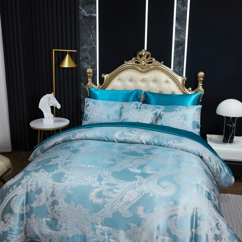 Jacquard Full Comforter Set Peacock Green Sheet Set Satin Bedding Set 8 Pcs Embroidery Neoclassical Floral Bed Home Decor Soft Down Comforter Luxury Hotel Silky Bed in a Bag with 1 Cushion Cover Bedding_Dreamer