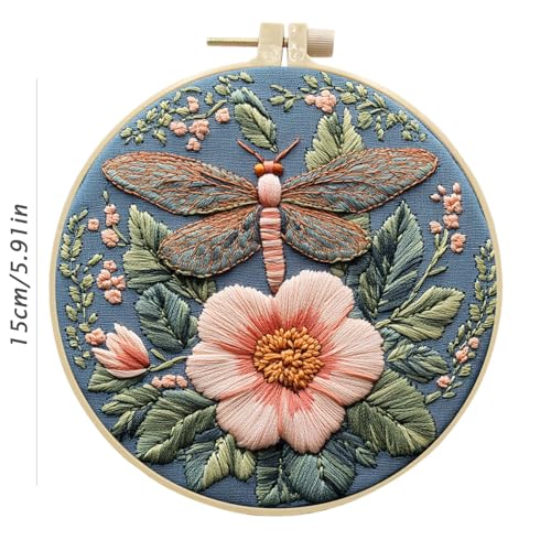 SCECALA 4 Pack Spring Floral Embroidery Kit - Blue Dragonfly Flower Hand Embroidery Kit for Beginners with Pattern, Complete Cross Stitch Supplies DIY Craft for Adults Sewing Hobby, 1pc Hoops