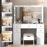 Vanity Desk with Lighted Mirror & Power Outlet, Makeup Vanity Table with 5 Drawers & 2 Cabinets, Large Vanity Set with Stool, Glass Top, Sliding Jewelry Storage Shelves, for Women Girls, White chartustriable