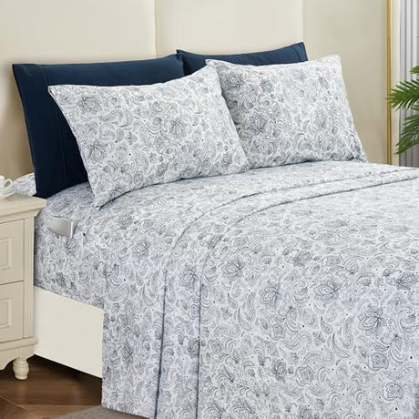 Elegant Comfort Softest and Coziest 6-Piece Sheet Set - 1500 Premium Hotel Quality Microfiber - Deep Pocket, Wrinkle Resistant 6-Piece Paisley Pattern Bed Sheet Set, Queen, Paisley Navy Elegant Comfort