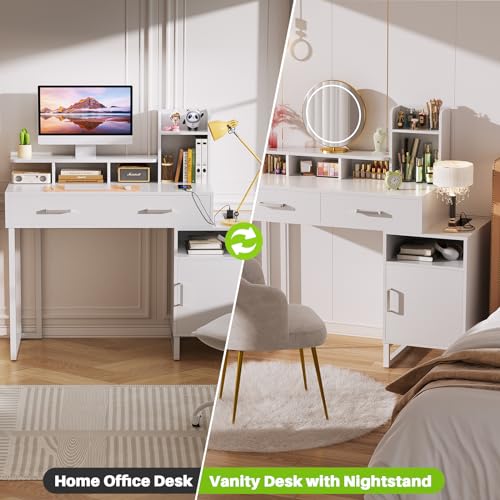 Besiost Vanity Desk, Small Vanity Desk with Power Outlet, Makeup Desk with Drawers and Cabinets, Vanity Set with Storage Shelves for Bedroom, No Mirror, White Besiost