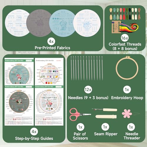 Bofoho 4 Pack Starter Embroidery Kit for Beginners – All-in-One Stitch Practice Kit with Simple Patterns, Learn 34 Embroidery Stitches with Step-by-Step Guide & Video, Craft Gift Adults & Teens