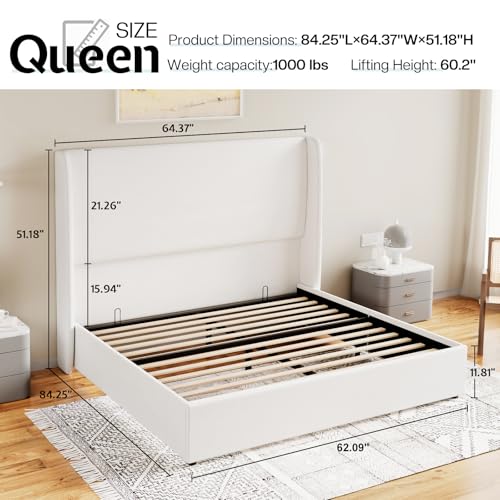 Jocisland Queen Size Bed Frame Lift Up Storage Bed Linen Upholstered Bed Frame with Hydraulic Storage/Wingback Headboard/No Box Spring Needed/White Jocisland