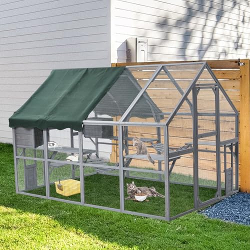 Garvee Large 3-Tier Outdoor Catio, Small Animal Enclosure with 2 Lockable Cat Doors and a Walk in Door, Large Cat House with Half Waterproof Cover, Portable Kitty House with Resting Boxes Garvee