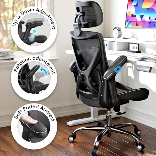 Ergalithic Ergonomic Office Chair-Computer X-Shaped Chair Mesh PU Leather with Adjustable Lumbar Support-Executive Desk Chair High Back with Headrest Flip-Up Arms for Long Hours (Black) Ergalithic