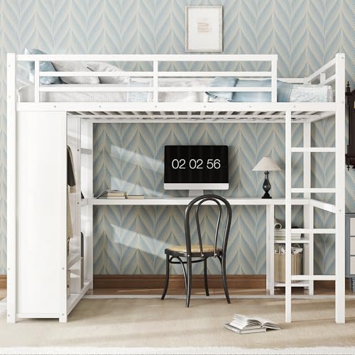 Bellemave Metal Queen Size Loft Bed with Desk and Wardrobe,Heavy Duty Loft Bed Frame with Storage Shelves for Kids,Teens,Adults, Space Saving,White Bellemave