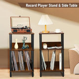 DGSANDGO Mid-Century Now Playing Vinyl Record Stand, Record Player Stand, End Table with Charging Station, 3 Tier Rustic Brown w/Guard Rails, Holds 100 Vinyl Albums, for Living Room Bedroom Office DGSANDGO
