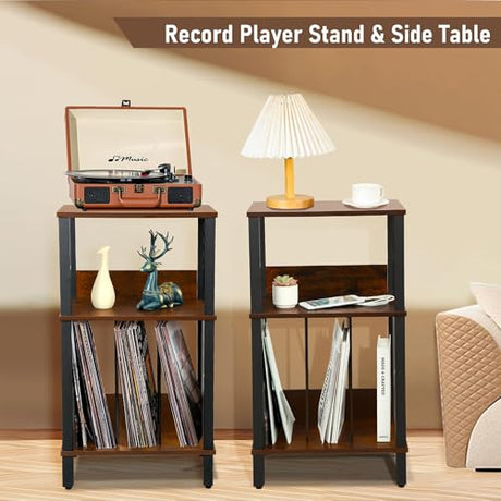 DGSANDGO Mid-Century Now Playing Vinyl Record Stand, Record Player Stand, End Table with Charging Station, 3 Tier Rustic Brown w/Guard Rails, Holds 100 Vinyl Albums, for Living Room Bedroom Office DGSANDGO