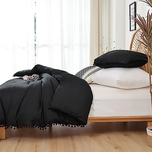 YIRDDEO Full Size Comforter Sets - Full Size Comforter with Ball Pom Fringe, Soft Bedding Set for All Seasons - 3 Pieces, 1 Comforter (79"x90") & 2 Pillow Shams(20"x26"), Black YIRDDEO