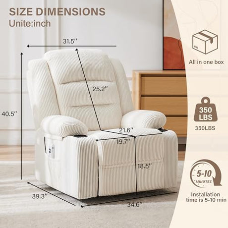 Hicosit Power Pushback Recliner with Cup Holders, Electric Recliner Chair for Adults, Reclining Chair with Side Pocket for Living Room (1, Stripe White) Hicosit