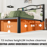 Queen Bed Frame 14 Inch Metal Bed Frame Queen Size with Headboard & Star Projector Lights & White Noise & Charging Station,Modern Design with Large Storage Space,No Box Spring Needed (14 Inch, Queen) RmagineX