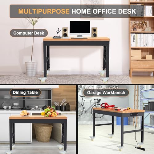 Hombanyan Heavy Duty Workbench Adjustable, Solid Wood Working Bench, Work Tables with Power Outlets for Home Office, 2000 Lbs Capacity (48 inch with Wheels) Hombanyan