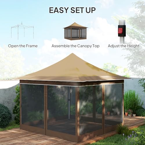 Outsunny 12 x 12 ft. Pop Up Canopy Tent with Mesh Netting, UPF50+ Instant Sun Shelter with Carry Bag, Height Adjustable Party Tent Instant Event Shelter for Garden, Patio, Beige Outsunny