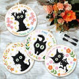 INFUNLY 4 Sets Black Cat Embroidery Kit for Beginner Inspirational Embroidery Starter Kit 11.8x11.8 Everything is Fine Hand Stitching Needlework Set with Step-by-Step Instruction for Home Decor