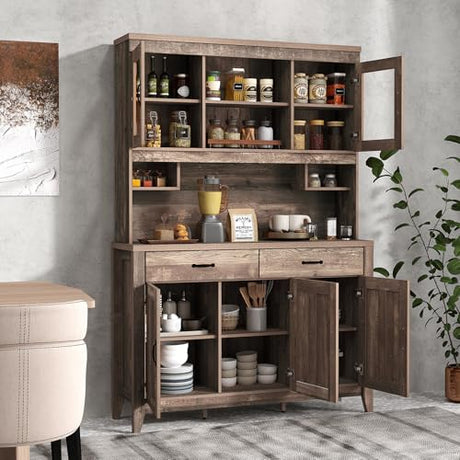 SILKYDRY 78.5" Tall Kitchen Hutch Storage Cabinet, Large Buffet Cupboard with Glass Doors, Drawers, Adjustable Shelves, Wooden Kitchen Pantry Cabinet with Microwave Shelf for Home Coffee Bar SILKYDRY