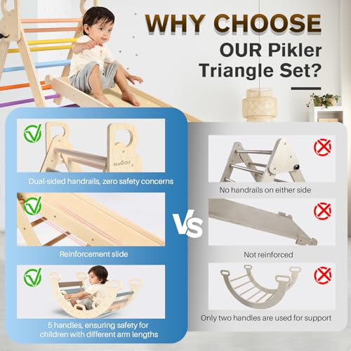 BlueWood Pikler Triangle Set 7in1 Foldable Baby Climbing Toys Wooden Montessori Climbing Set with Arch&Ramp&Ladder Baby Climber Indoor Jungle Gyms for Toddlers Montessori Toys - Mauve Pink BlueWood