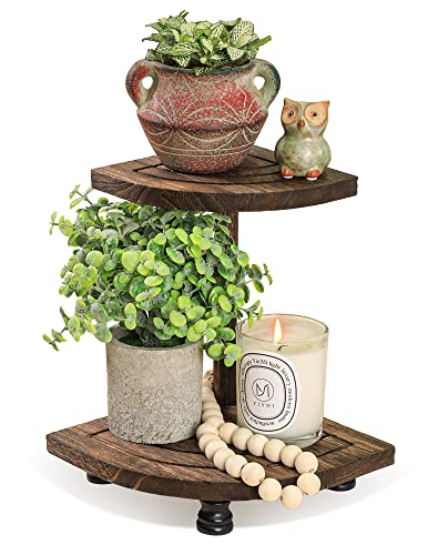 Tikea Decorative Wood Riser for Display, 2-Tier Rustic Corner Shelf for Kitchen Bathroom Counter Decor, Pedestal Stand for Soap Dispenser, Candle and Plant (Brown) Tikea
