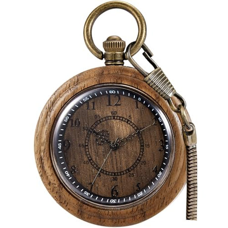 Tiong Wooden Pocket Watches for Men Handmade Bamboo with Chain Analog Quartz Wood Pocket Watch Father's Day Gifts for Dad(Dark Brown) Tiong