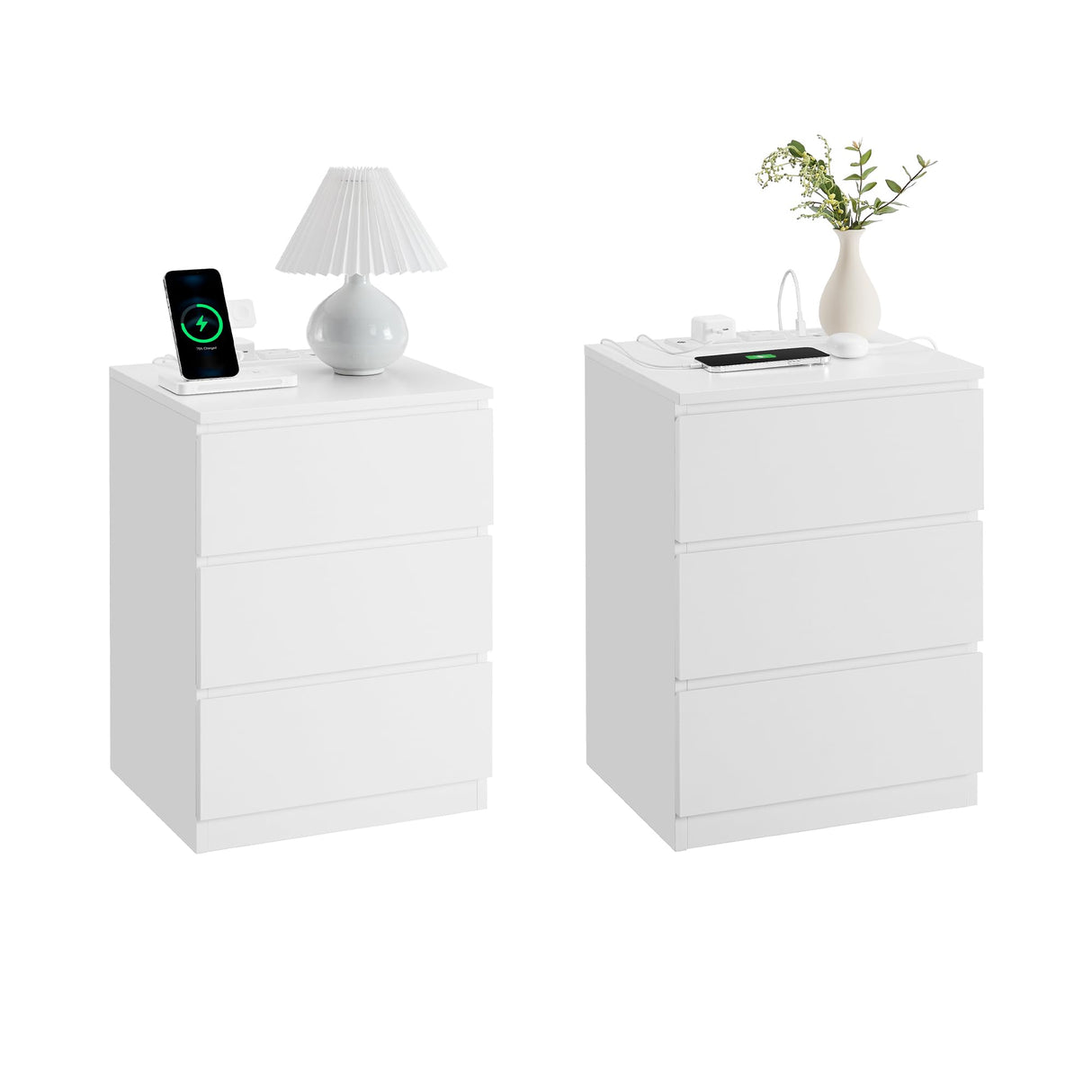 VASAGLE Nightstands with Charging Station, Set of 2, AC Outlets and USB Ports, Bedside Tables, Side Tables with 3 Drawers, Modern Style, 13.8 x 15.7 x 23.2 Inches, Cloud White ULET731W16 VASAGLE