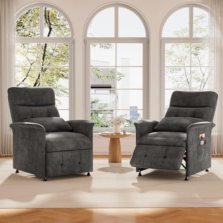 LegacyAmerhome Power Recliner Chair for Adults with Heat & Massage - Soft Fabric Electric Reclining Sofa with Remote Control, 180° Lay Sleeper 3 Side Pockets for Living Room Home Theater, Dark Grey LegacyAmerhome