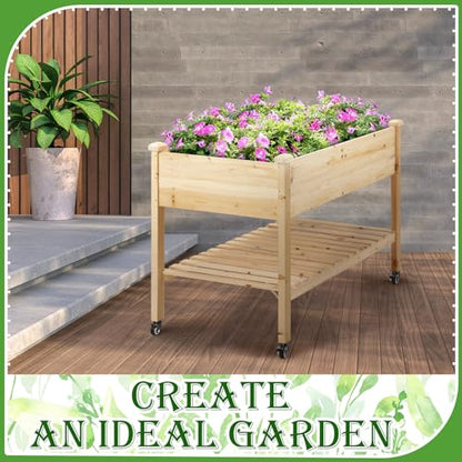 Suzile 2 Pcs Raised Garden Bed on Wheels, 48 x 24 x 30 Inch Elevated Wood Planter Box with Legs and Storage Shelf Wooden Raised Garden Bed with Drain Holes for Vegetable Flower Herb Outdoors Backyard