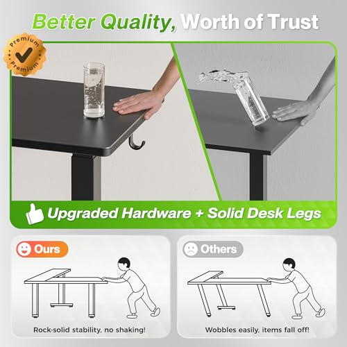 Huuger L Shaped Standing Desk with Power Outlets, 63 x 55 Inch Height Adjustable Computer Desk for Bedroom, Corner Stand up Desk for Home and Office, Work and Study, Black Huuger
