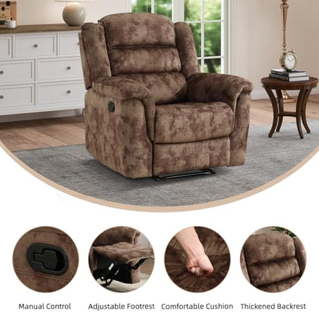 EBELLO Manual Recliner Chair, Soft Fabric Recliner Sofa with Overstuffed Armrest and Backrest for Living Room, Bedroom, Brown EBELLO