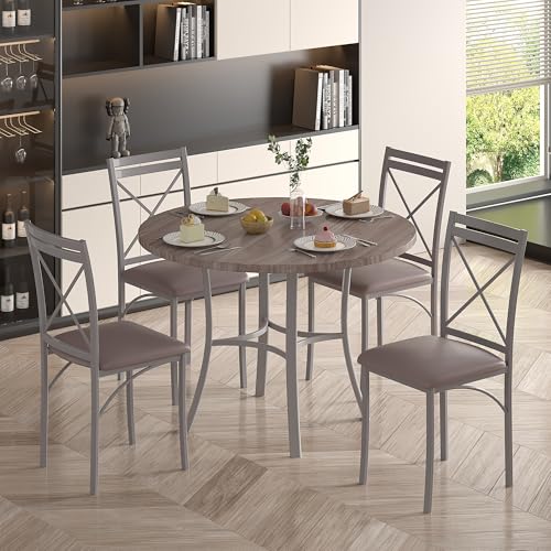 VECELO 5 Piece Dining Table Set for 4, Wood Grain Dinette with Chairs for Kitchen, Breakfast Nook, Small Space, Light Grey VECELO