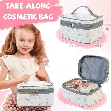Amtreen Kids Makeup Kit for Girl, Pretend Play for Toddlers 3-5 Wooden Makeup Toy Set, 18 PCS Hair Salon Toys Gifts for 3 4 5 Year Old Amtreen
