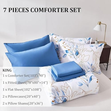 WONGS BEDDING 7 Pieces Blue Floral Bed in a Bag King, Botanical Comforter Set Reversible Blue Gold Leaves Bedding Set King (1 Comforter,2 Pillowcase,2 Pillow Shams,1 Flat Sheet,1 Fitted Sheet) WONGS BEDDING