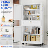 GAIOUS 71” Tall Metal Garage Storage Cabinet with Wheels and Drawer, Steel File Cabinet for Home Office, Tool Cabinet with 4 Locking Doors and 3 Adjustable Shelves, Rolling Cabinet for Garage - White GAIOUS