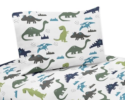 Sweet Jojo Designs 3-Piece Twin Sheets Set (Blue Green Dinosaur) for Boys, Kid, Childrens Bedding incl. Single Size Bed Flat Fitted Sheet & Pillow Case (Modern Dino, Dinosaurs Theme, T-Trex, Jurassic) Sweet Jojo Designs
