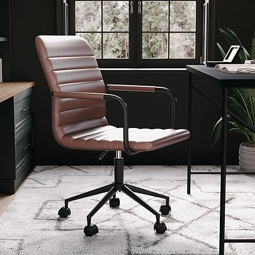 Martha Stewart Taytum Swivel Task Chair with Armrests for Home Office in Saddle Brown Faux Leather with Oil Rubbed Bronze Frame Martha Stewart