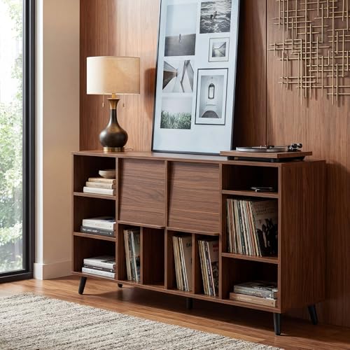 IRONCK Large Record Player Stand 55", Holds 600+ Vinyl Record Storage Cabinet with Charging Station, Mid Century Modern Turntable Stand for Living Room, Bedroom, Brown IRONCK