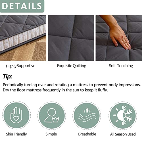 MAXYOYO Japanese Floor Futon Mattress King Size, Floor Bed for Adults, Roll Up Folding Mattress, Diamond Patterned Japanese Futon Bed, Dark Grey MAXYOYO