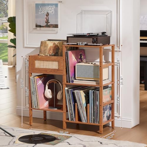 LELELINKY Record Player Stand, Brown Wood Record Holder with Vinyl Storage Holds up to 300+ Albums, 3-Tier Rattan Media Table with Vinyl Display Shelf, Record Storage Cabinet for Living Room LELELINKY