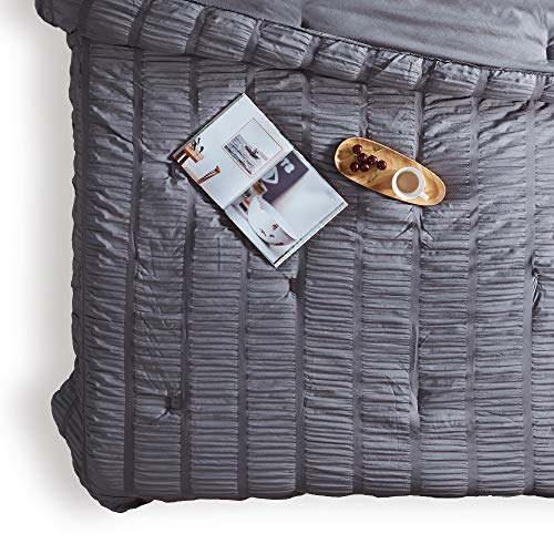 SLEEP ZONE Luxury Seersucker Queen Comforter Set 3-Piece, Soft & Lightweight Down Alternative Duvet Insert with Pillow Sham Cooling for Summer, Gray SLEEP ZONE