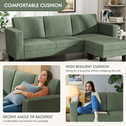 YESHOMY L-Shaped Convertible Sectional Sofa 3 Seater with Corduroy Fabric, Complete with Mobile Footrest, for Living Room, Apartment and Office, 70", Green