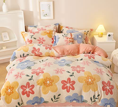 LMONMOO Pink Duvet Cover Queen Size, Fluffy Comforter Cover Set, Kawaii Bunny Bedding Sets for Girl Ultra Soft Cute Floral Bed Set for Kids (Flower, Queen) LMONMOO