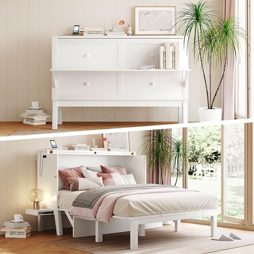 Harper & Bright Designs Queen Size Murphy Bed with Desk, USB Port, and Removable Shelves on Each Side, Queen Platform Bed Wood Frame, for Guest Room Home Office - White Harper & Bright Designs
