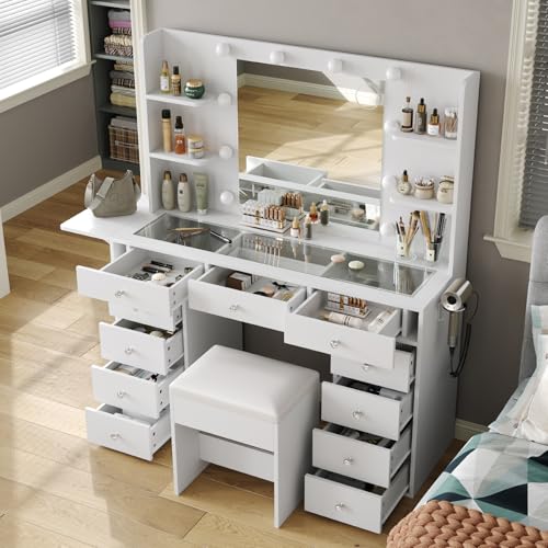 FUSOU Vanity Desk with Power Outlet, 11 Drawers Makeup Vanity with Lighted Mirror, 3 Colors Adjustable, Glass Top Vanity with Chair, 4 Shelves and Fold-up Panel, Dressing Table for Bedroom, White FUSOU