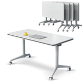 Ptosziav Conference Room Table Set of 4, Folding Conference Table Flip Top Mobile Training Table, Office Foldable Meeting Table Seminar Table Conference Room Tables with Wheels (140x60x75cm) Ptosziav