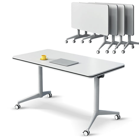 Ptosziav Conference Room Table Set of 4, Folding Conference Table Flip Top Mobile Training Table, Office Foldable Meeting Table Seminar Table Conference Room Tables with Wheels (140x60x75cm) Ptosziav