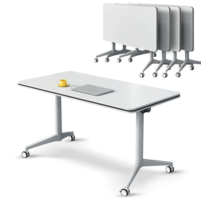 Ptosziav Conference Room Table Set of 4, Folding Conference Table Flip Top Mobile Training Table, Office Foldable Meeting Table Seminar Table Conference Room Tables with Wheels (140x60x75cm)