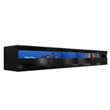EXQUAL Floating TV Stand, Wall Mounted TV Shelf with Led Lights & Power Outlet, 71" Modern Entertainment Center Media Console with Storage, High Gloss TV Cabinet for 65/75/80 inch TV EXQUAL