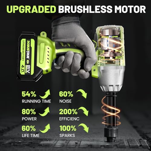 Robustrue Cordless Impact Wrench, 590Ft-lbs (800N.m) Brushless 1/2 inch Impact Wrench, 2500RPM Max Torque Impact Gun, 2x 4.0Ah Battery, Charger, 4 Sockets, Electric Impact Wrench for Car Truc - WoodArtSupply